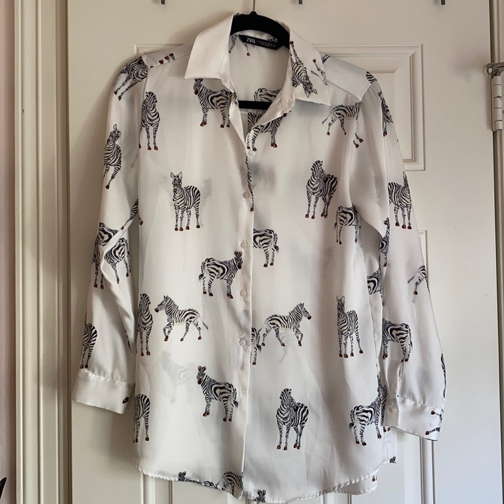 zara long sleeve zebra print white blouse XS